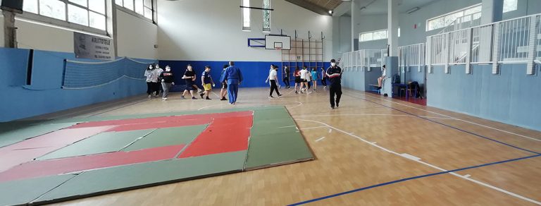 Struttura interna di una palestra scolastica. Per terra un tappeto gommato e sul fondo della stanza gli studenti impegnati in attività sportive. A lato, gli spalti per gli spettatori.