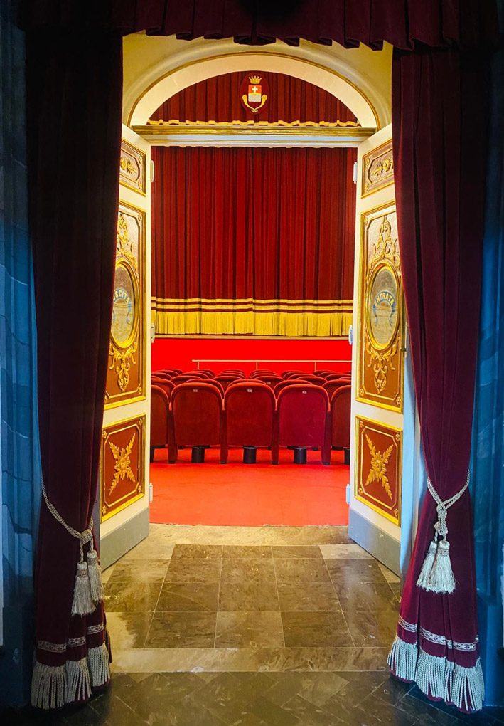 Scorcio della platea dal suo ingresso. L'accesso non ha dislivelli, all'interno sono disposte numerose file di sedie da teatro in velluto