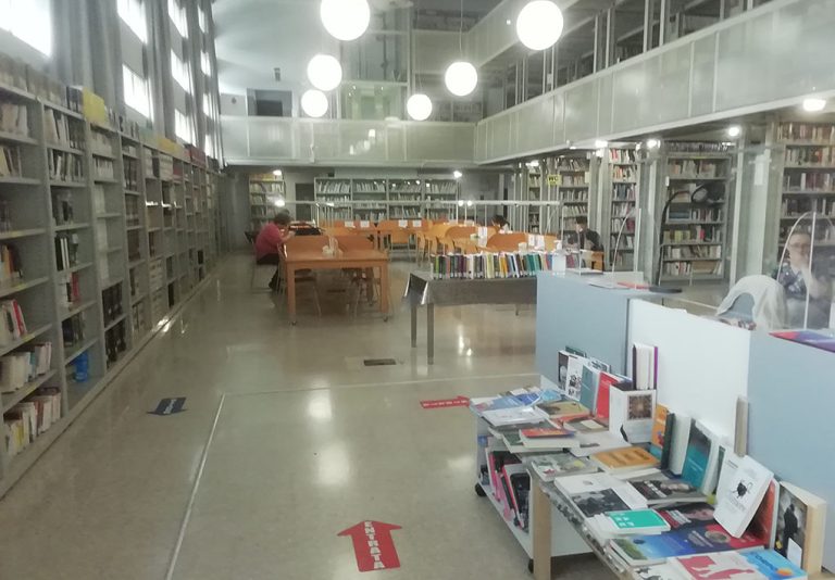 Un ampio corridoio centrale tra file di libri ai lati. Sul fondo della stanza si trovano tavoli da consultazione