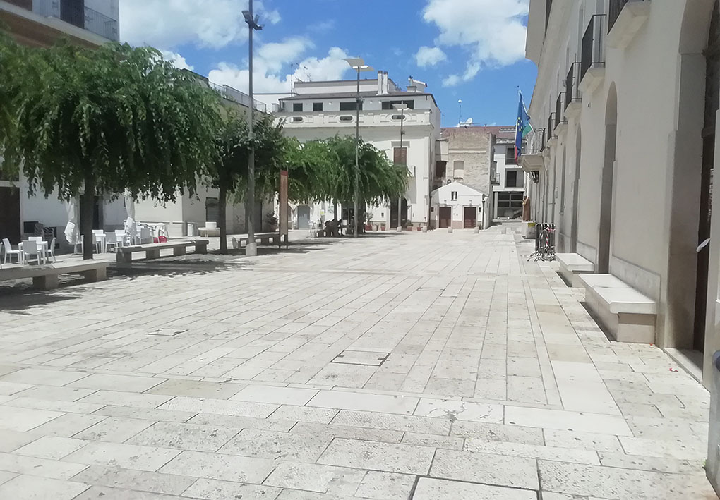 una piazza pedonale con alberi