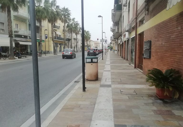un ampio marciapiede pianeggiante con palme perccorre il lungo viale centrale