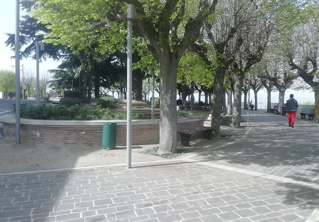 un'ampia terrazza lastricata con alberi e panchine