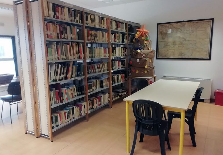 Biblioteca con scaffali metallici pieni di libri di varie dimensioni e colori, disposti in modo ordinato. Al centro della stanza, un tavolo è circondato da quattro sedie. Sul lato destro, una mappa antica incorniciata è appesa al muro, accanto a una decorazione festiva a forma di albero di Natale con ornamenti colorati. Sullo sfondo, una finestra permette l’ingresso della luce naturale, contribuendo a creare un ambiente luminoso e accogliente.