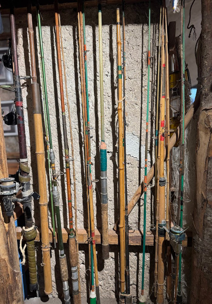 Canne da pesca esposte su una rastrelliera