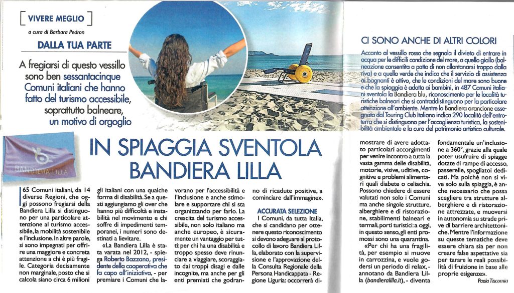 Scansione di un articolo a doppia pagina dal titolo "In spiaggia sventola Bandiera Lilla"
