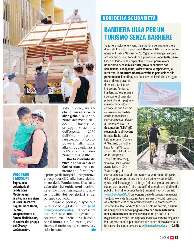 Scansione di un articolo dal titolo "Bandiera Lilla per un turismo senza barriere"