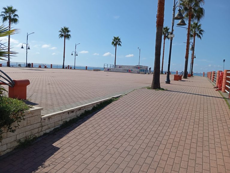 piazzale pedonale con mattonelle e alte palme. come sfondo le spiaggie e un cielo sereno.