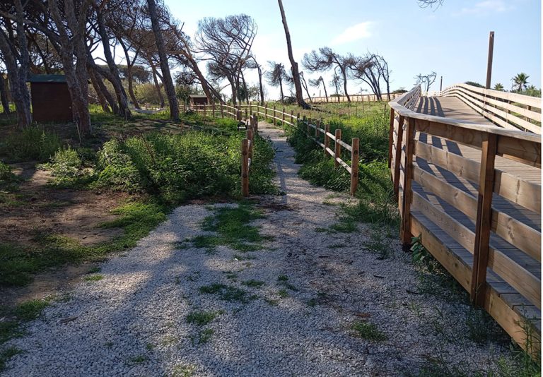 un percorso di ghiaia si addentra tra la vegetazione e gli alberi, a fianco della passerella lungomare in legno