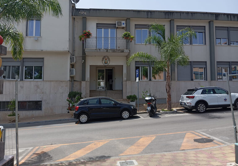 Edificio pubblico a due piani affacciato sulla strada, con ingresso centrale rialzato, parcheggi antistanti, palme ornamentali e attraversamento pedonale.